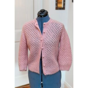 1960s handmade pink angora lambswool cardigan sweater 3/4" sleeves MCM style